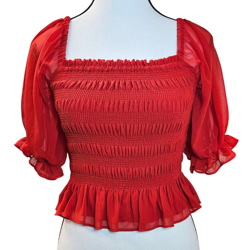 WAYF Red Smocked Puff Sleeve Crop Top Coquette Romantic Fairycore XS NWT